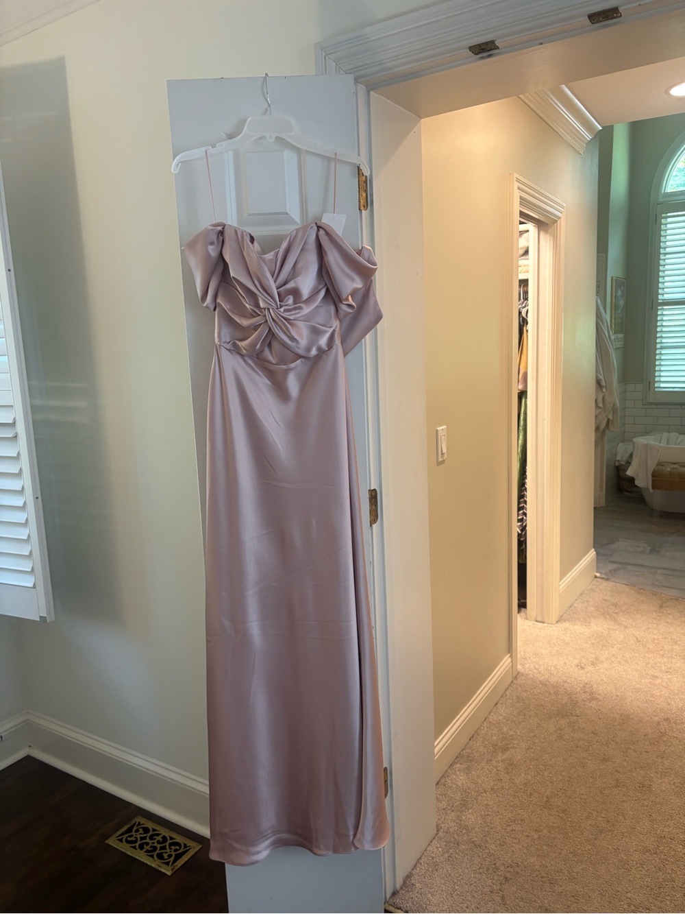 Amsale Dusty Mauve Satin Off-Shoulder Maxi Gown